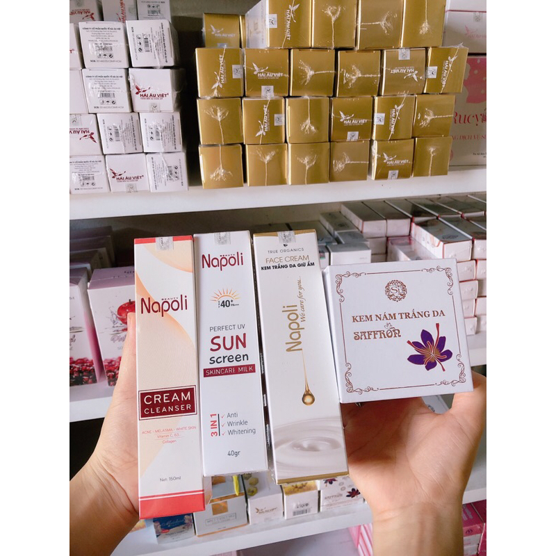 Combo dưỡng ngày đêm Hải Âu Việt-Sữa rửa mặt+kem chống nắng+kem face sữa Napoli+Kem nám saffron
