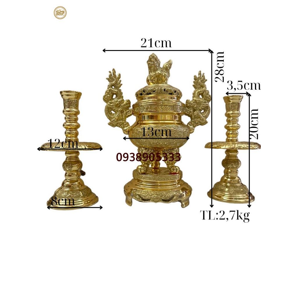 Bộ đỉnh đồng tam sự(1 đỉnh và 2 nến) bằng đồng hàng công ty cao 28cm,đồ thờ cúng gia tiên