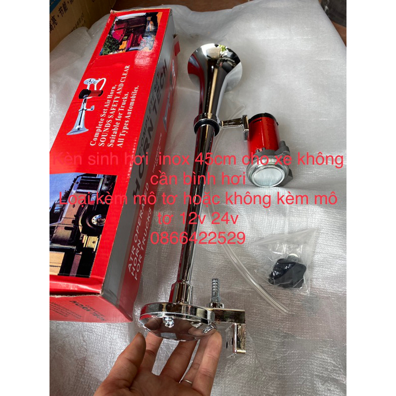 Kèn sinh hơi inox 45cm cho xe chỉ cần ắc quy 12v, 24v kèm mô tơ tạo hơi hoặc không kèm