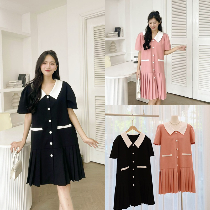 Váy xếp ly phối màu cúc bọc phối cổ trắng kiểu dáng suông basic thích hợp đi làm, đi chơi dạo phố đều xinh