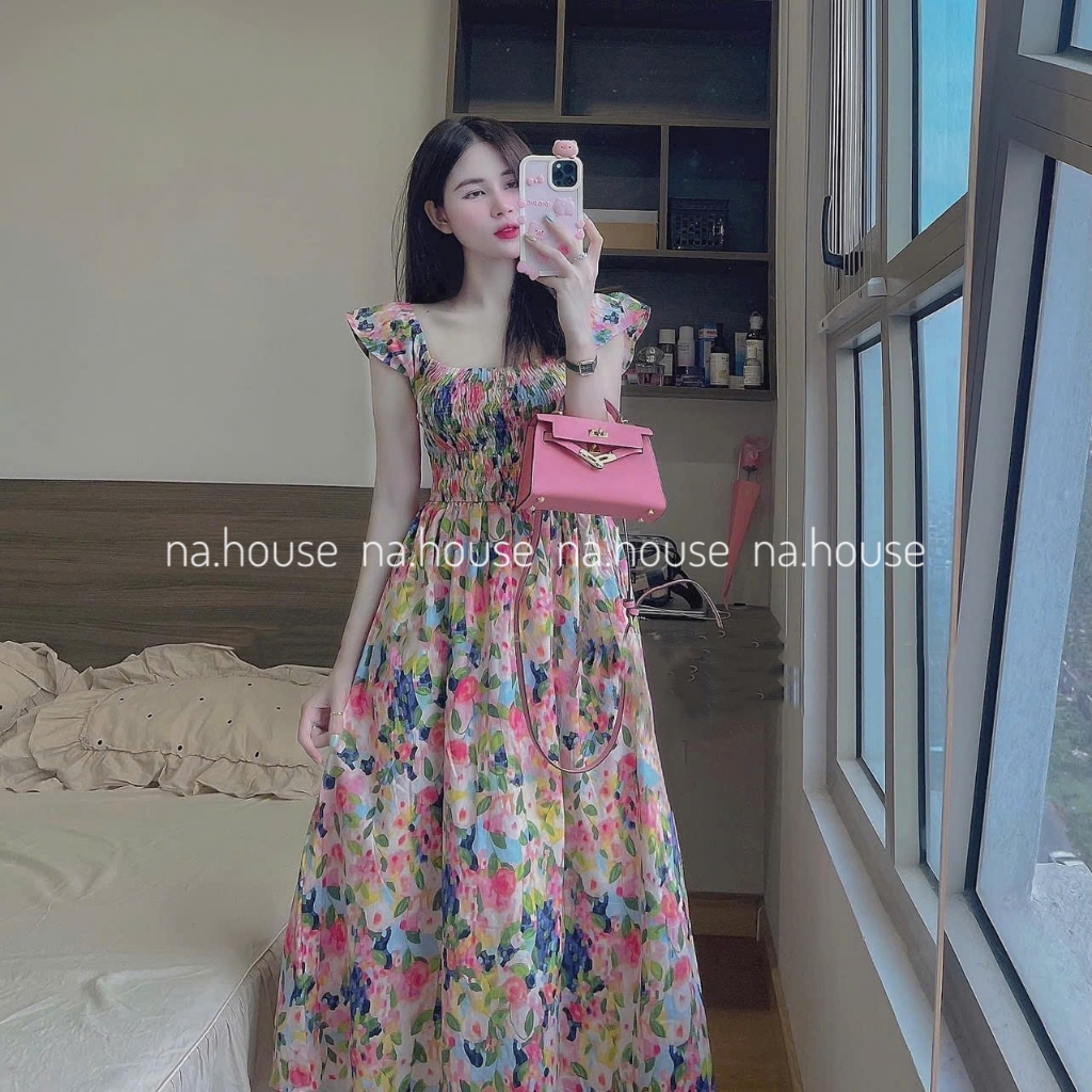 Đầm hoa nhí cánh tiên dáng dài đi chơi đi biển dạo phố Nahouse váy maxi voan bo chun eo thiết kế đẹp xinh xắn sang trọng