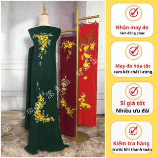 Vải áo dài thiết kế đẹp, sang trọng, chất lụa thêu hoa vàng cao cấp, vải may áo dài bà sui màu Xanh Lá T105