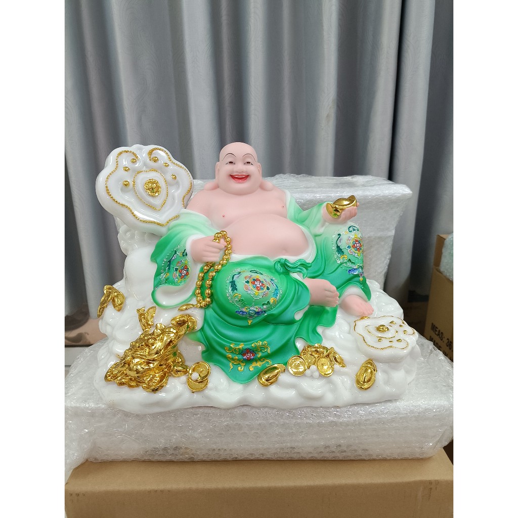Tượng Phật Di Lặc ngồi gậy như ý 16 inch cao 27cm ngang 37cm sâu 25cm