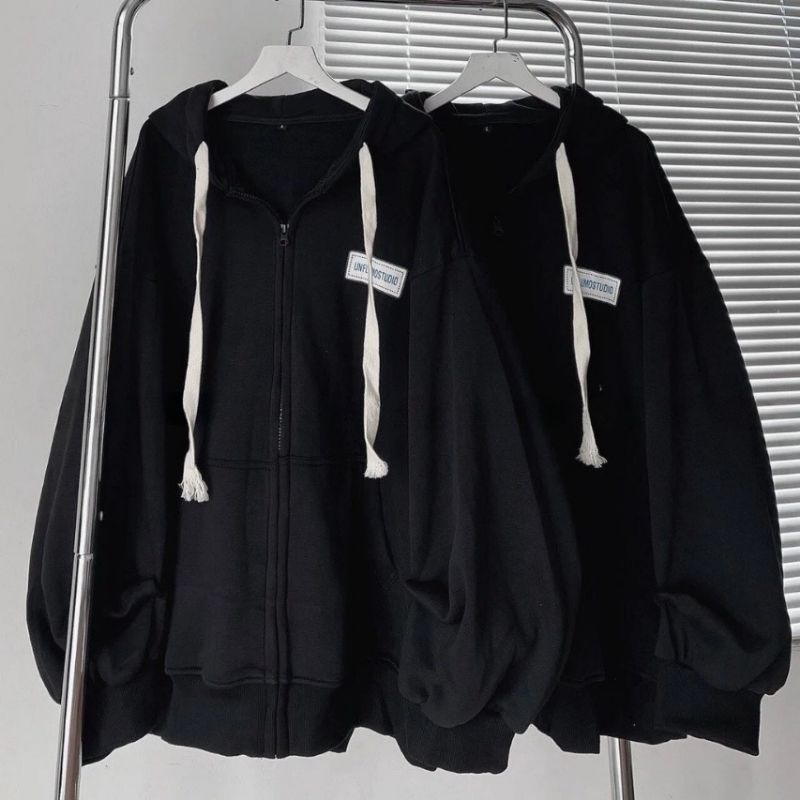 Áo Khoác Nỉ Mũ 2 Lớp Form Rộng Dây Kéo Unisex Nam Nữ Mặc Được Free Size < 75kg