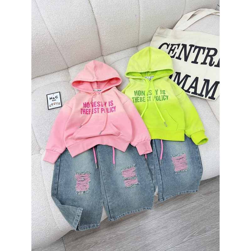 10-28kg set áo loang mũ mix quần bò rách cá tính cho bé gái, quần áo đi học cho bé