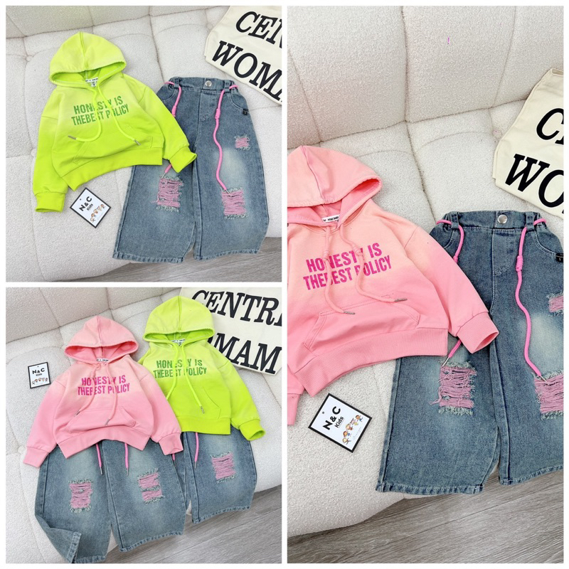 10-28kg set áo loang mũ mix quần bò rách cá tính cho bé gái, quần áo đi học cho bé