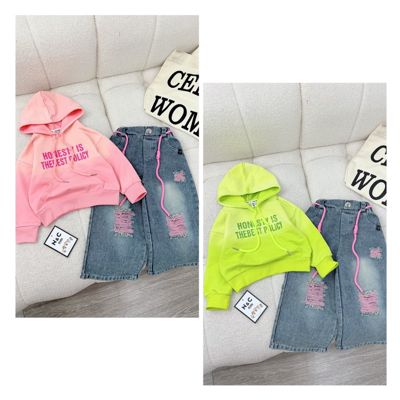 10-28kg set áo loang mũ mix quần bò rách cá tính cho bé gái, quần áo đi học cho bé