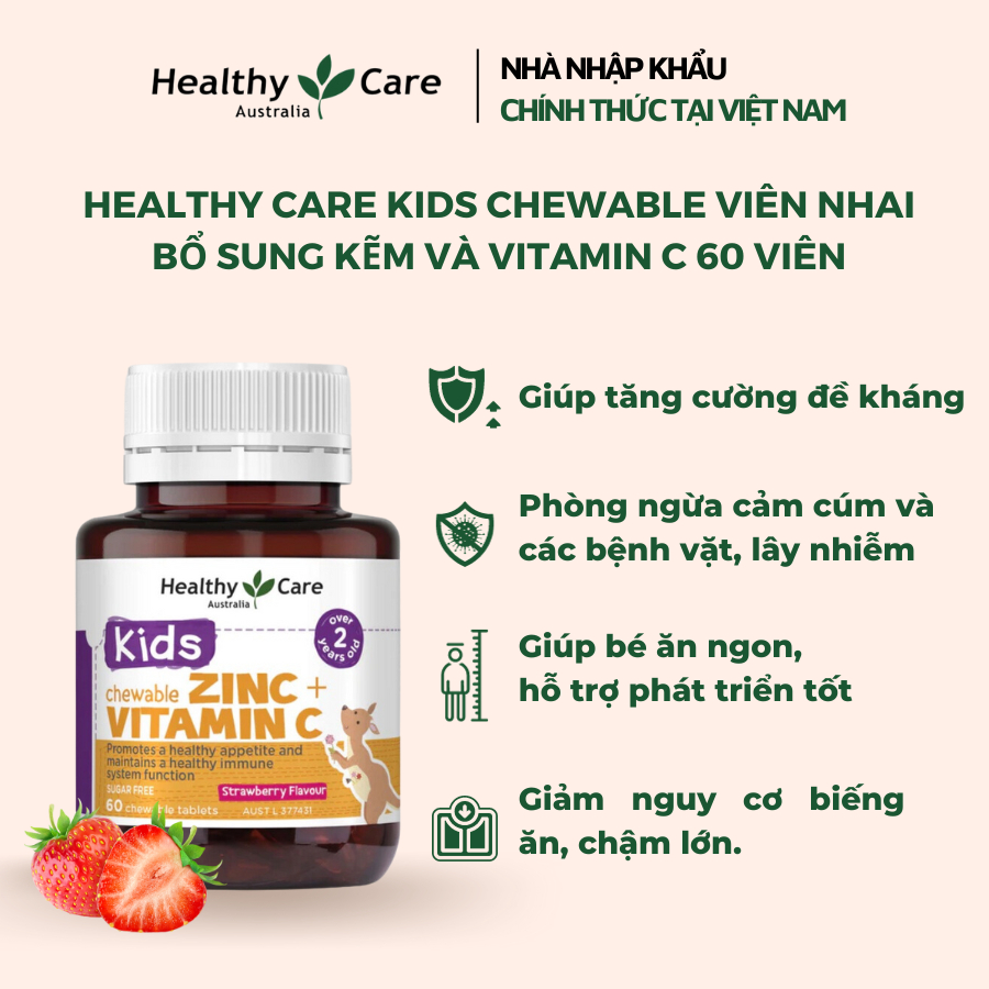 Viên Nhai Bố Sung Kẽm Healthy Care Zinc Vitamin C 60 viên Hồi Phục Sức Khỏe, Tắng Sức Đề Kháng Cho Bé
