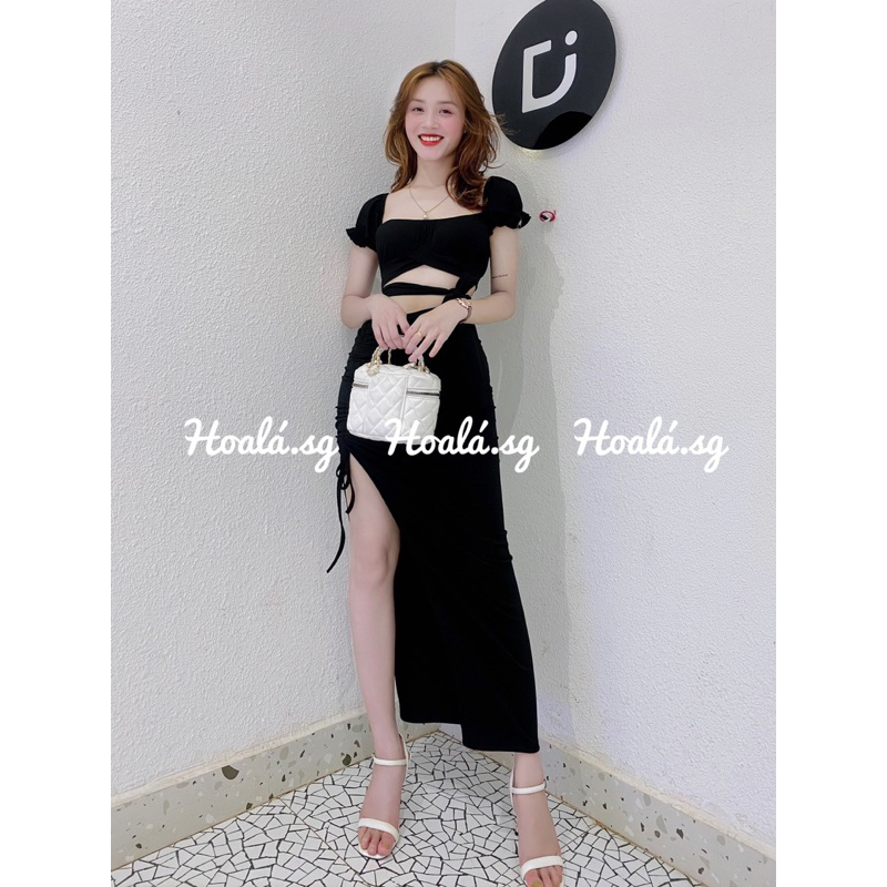 Set Áo Kiểu Cột Nơ Eo + Chân Váy Xẻ Rút Dây Ulzzang S95