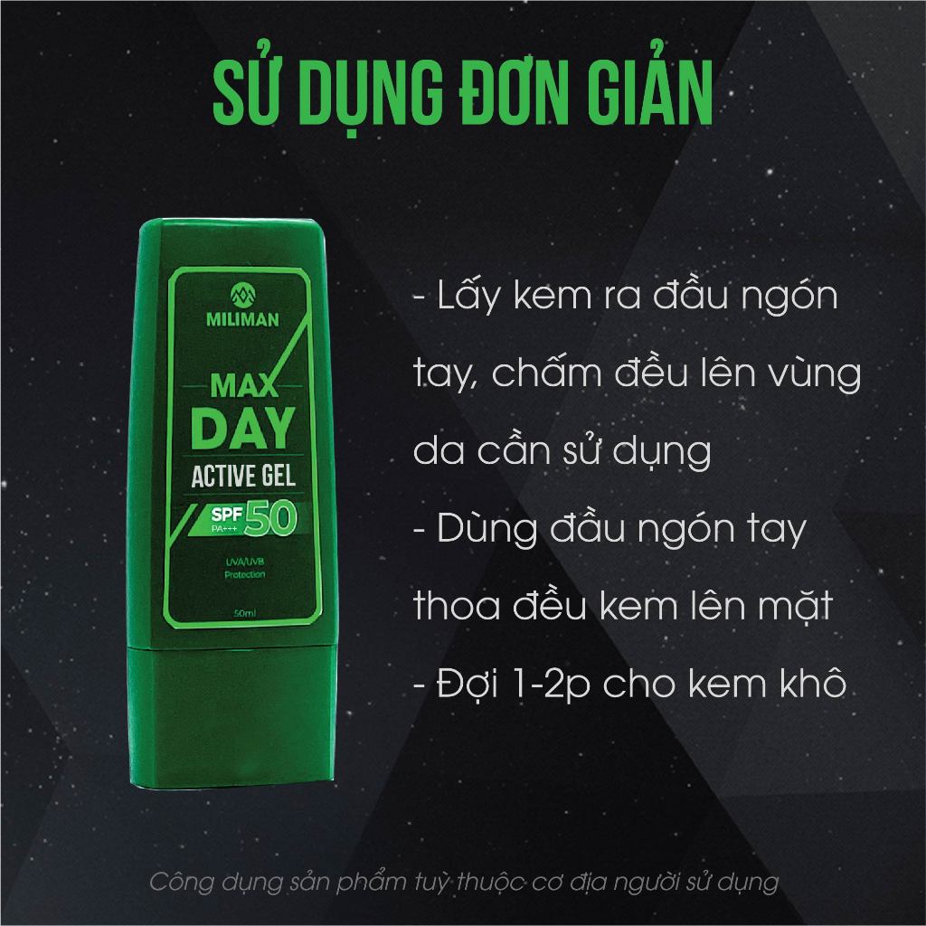 Kem Chống Nắng Nam Không Nâng Tone Da Dầu UVA/UVB SPF 50 PA+++ Giúp Kiểm Soát Nhờn, Dưỡng Da, Ngứa Lão Hóa MILIMAN