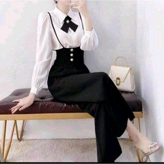 M88 Set Bộ Nữ Thiết Kế 3 Món Gồm Áo Sơ Mi Tay Dài Phối Quần Lưng Cao Tôn Dáng Mix Nơ Cổ Xinh Xắn Women - Botstore