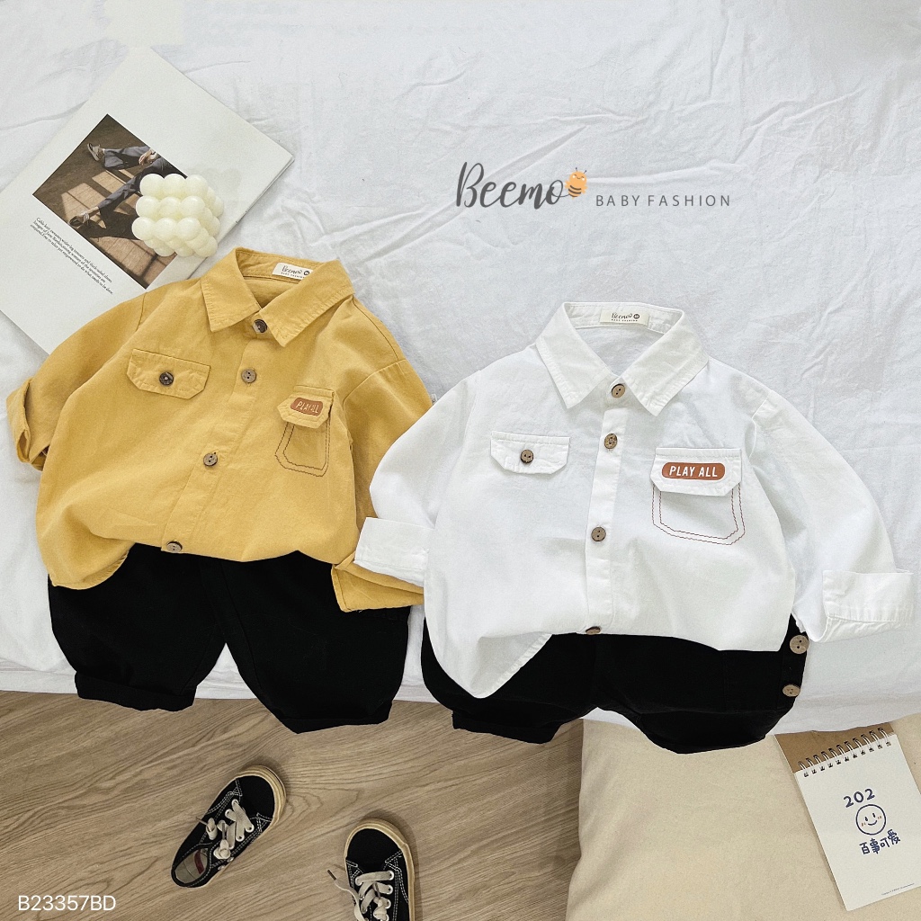 Bộ sơ mi nắp túi cho bé trai Beemo,Chất liệu thô Hàn cao cấp, mềm mại,thiết kế áo sơ cổ đức,phối quần Kaki B377