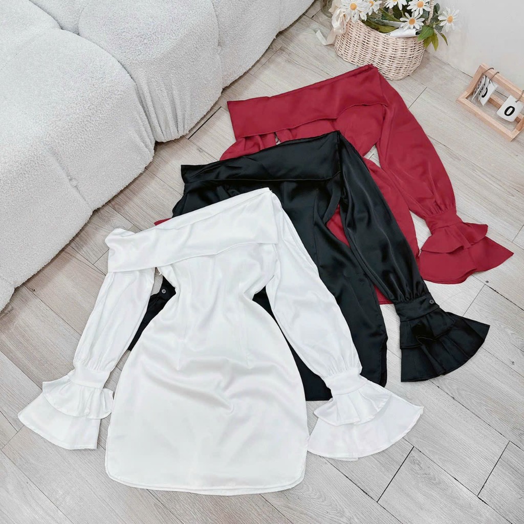 Đầm xòe lệch vai khoét vai tay loe xinh xắn