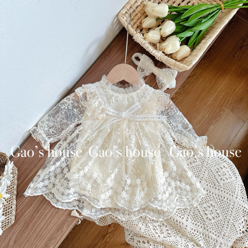 Set váy ren thiết kế tặng kèm turban cho bé gái đầy tháng, thôi nôi