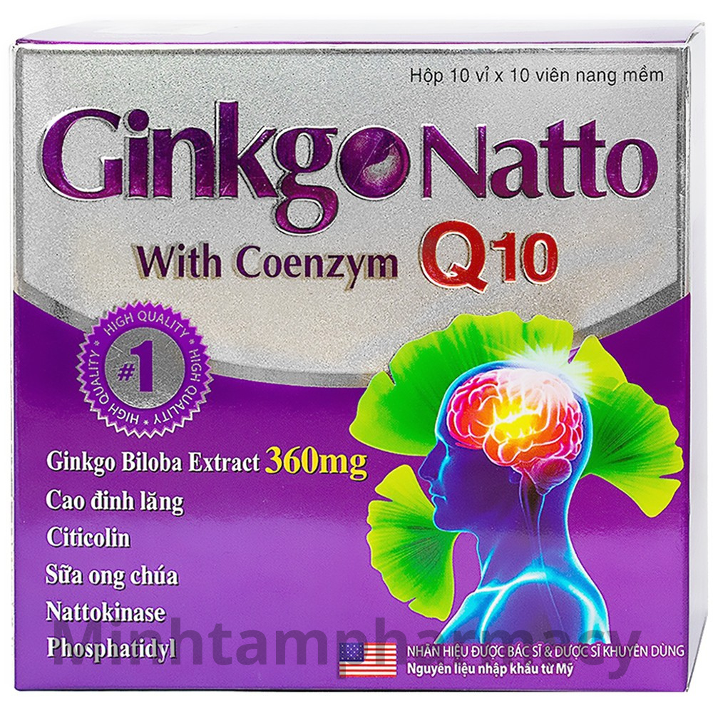 Viên uống bổ não Ginkgo Natto 360mg tím tăng tuần hoàn não, giảm đau đầu, giúp ngủ ngon - Hộp 100 Viên