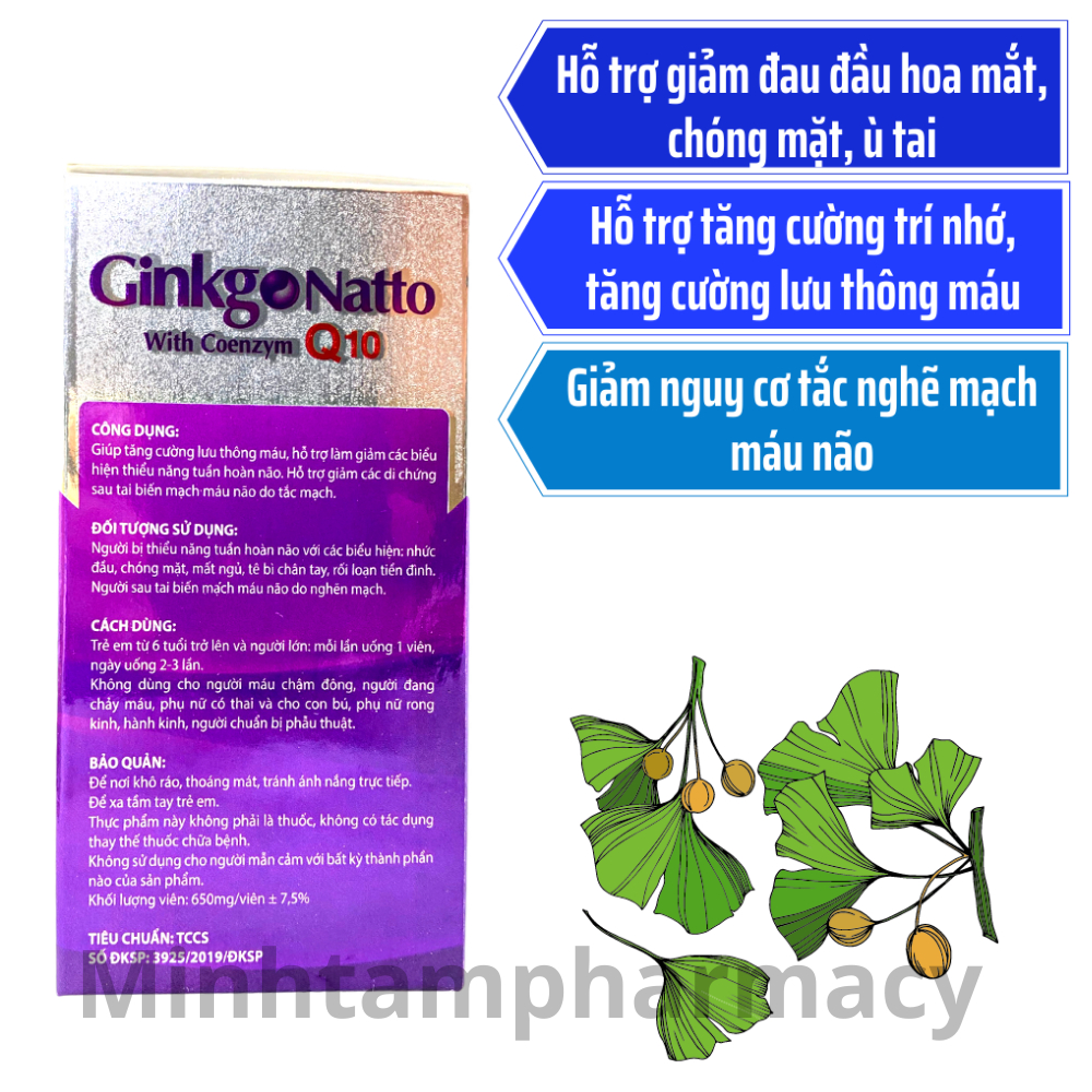 Viên uống bổ não Ginkgo Natto 360mg tím tăng tuần hoàn não, giảm đau đầu, giúp ngủ ngon - Hộp 100 Viên