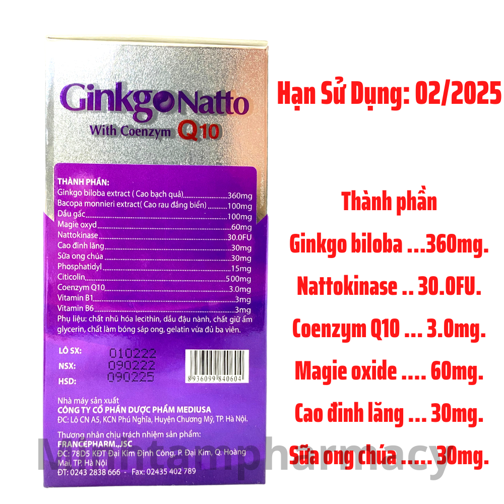 Viên uống bổ não Ginkgo Natto 360mg tím tăng tuần hoàn não, giảm đau đầu, giúp ngủ ngon - Hộp 100 Viên