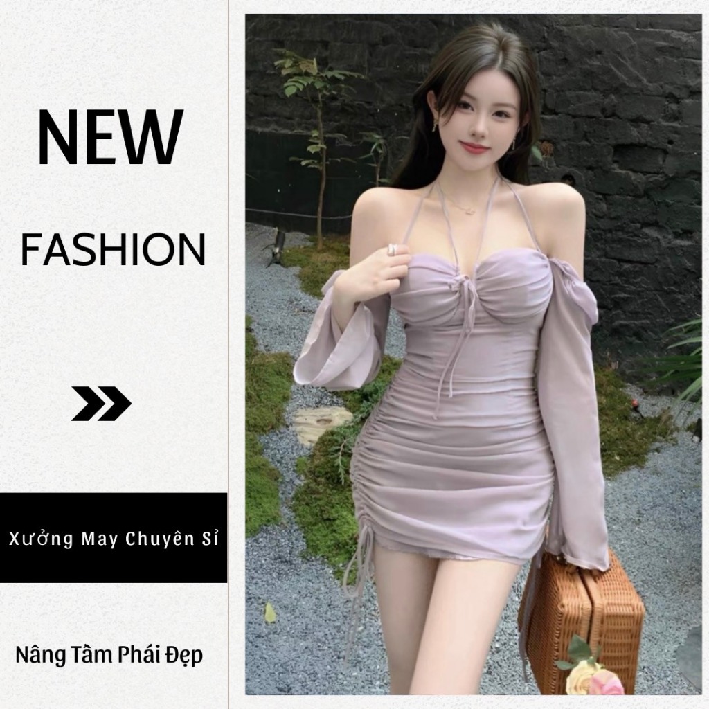 ĐẦM BODY RÚT DÂY ULZZANG TÍM, ĐEN DÂY CỔ DÀI TAY SEXY TH99