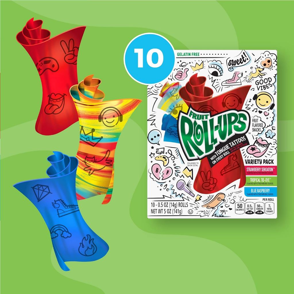 [Mỹ] Kẹo Dẻo Trái Cây Dạng Cuộn Fruit Roll-Ups With Tongue Tattoos , Hộp 141g (10 Cuộn)
