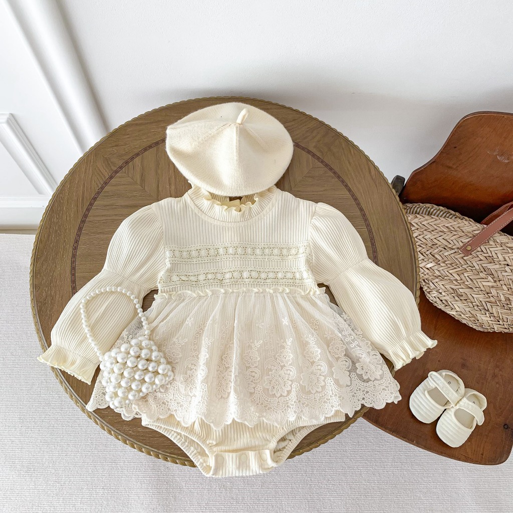 Bodysuit dày tay phối ren chất liệu cotton thun gân cho bé gái sơ sinh