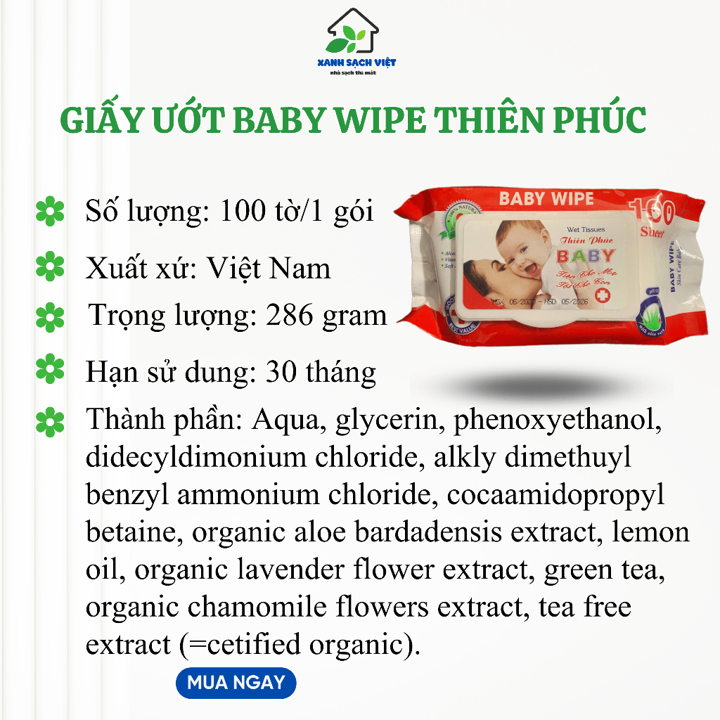 Khăn giấy ướt trẻ em THIÊN PHÚC BABY 100 tờ 1 bịch