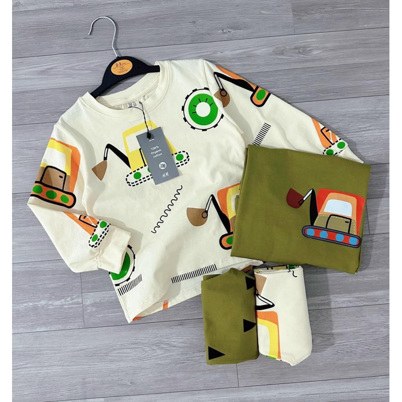 Set 2 bộ cotton dài tay bé trai mẫu máy xúc