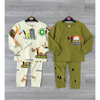 Set 2 bộ cotton dài tay bé trai mẫu máy xúc