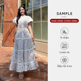 Đầm maxi Nyra Dress cổ trụ SAMPLE LONDON dây rút eo, họa tiết phối ren, phù hợp mặc đi chơi, đi biển