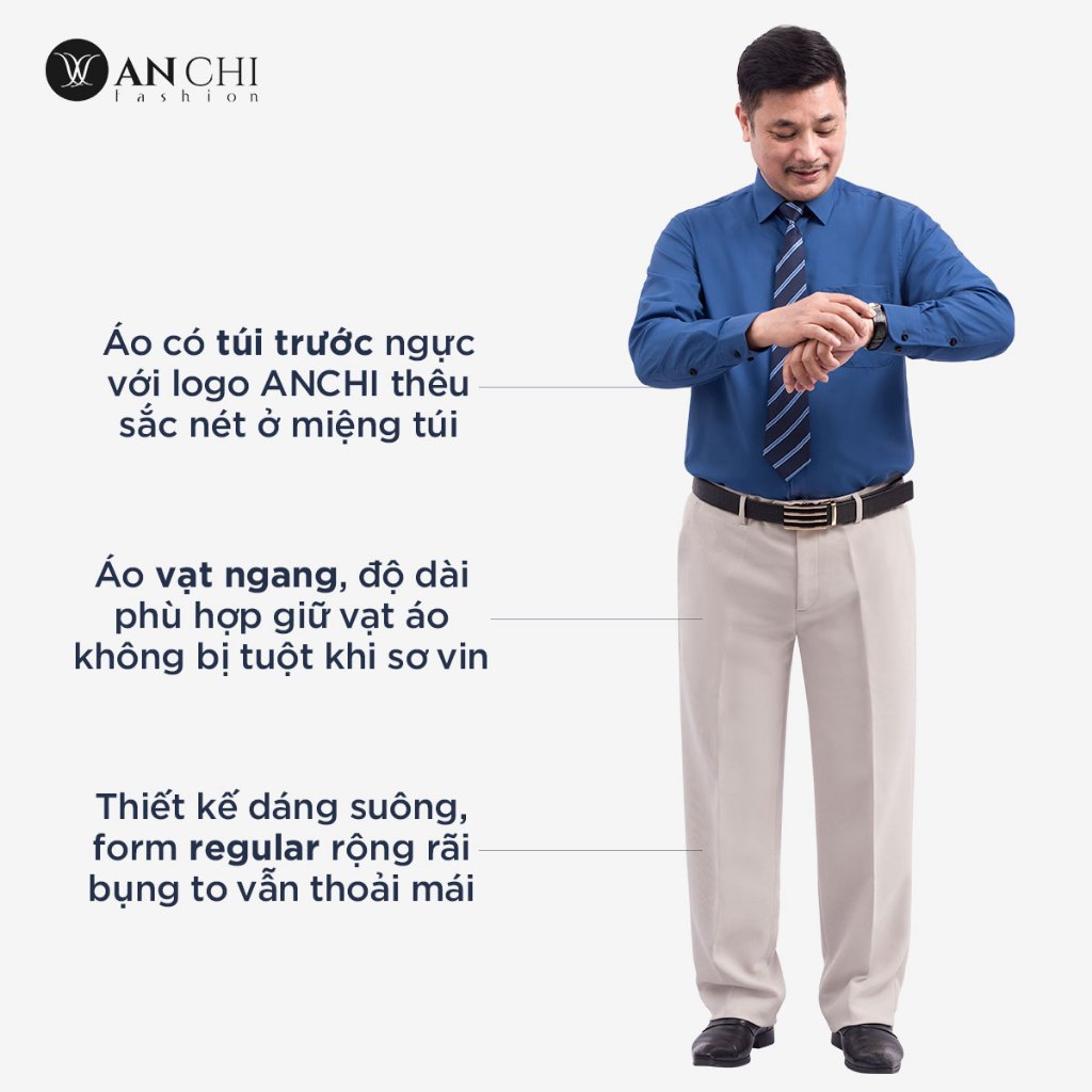 Áo Sơ Mi Nam Dài Tay Trung Niên ANCHI Classic Cotton Trơn Màu Xanh Than Cao Cấp