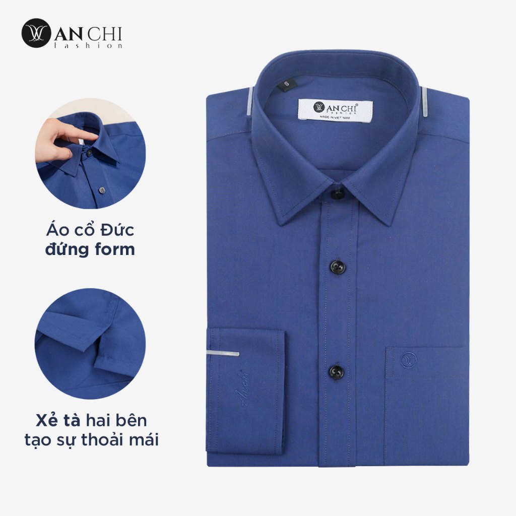 Áo Sơ Mi Nam Dài Tay Trung Niên ANCHI Classic Cotton Trơn Màu Xanh Than Cao Cấp