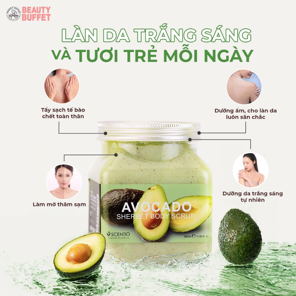 Tẩy tế bào da chết body dưỡng ẩm và sáng mịn da quả bơ Beauty Buffet Scentio Avocado Body Scrub 350ml