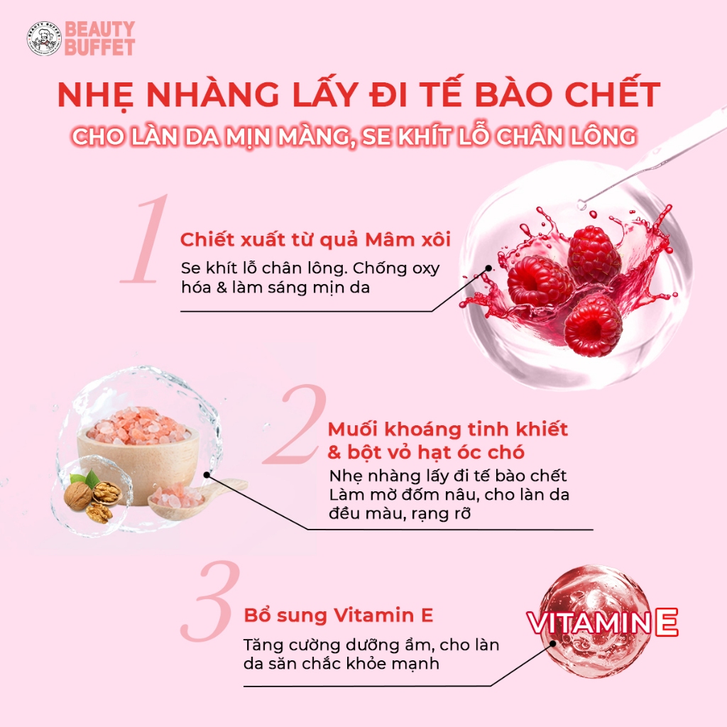 Tẩy tế bào toàn thân se khít lỗ chân lông quả mâm xôi Beauty Buffet Scentio Raspberry Body Scrub 350ml