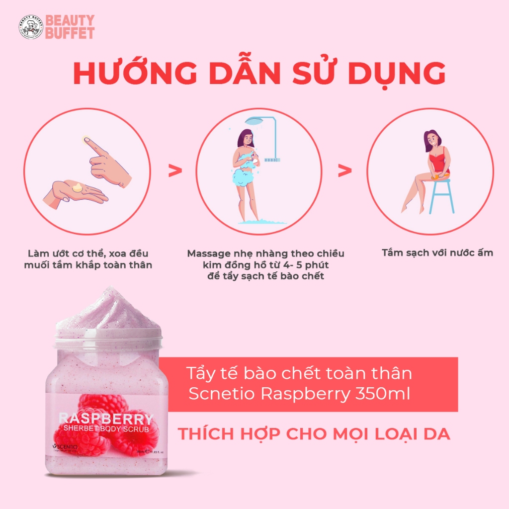 Tẩy tế bào toàn thân se khít lỗ chân lông quả mâm xôi Beauty Buffet Scentio Raspberry Body Scrub 350ml