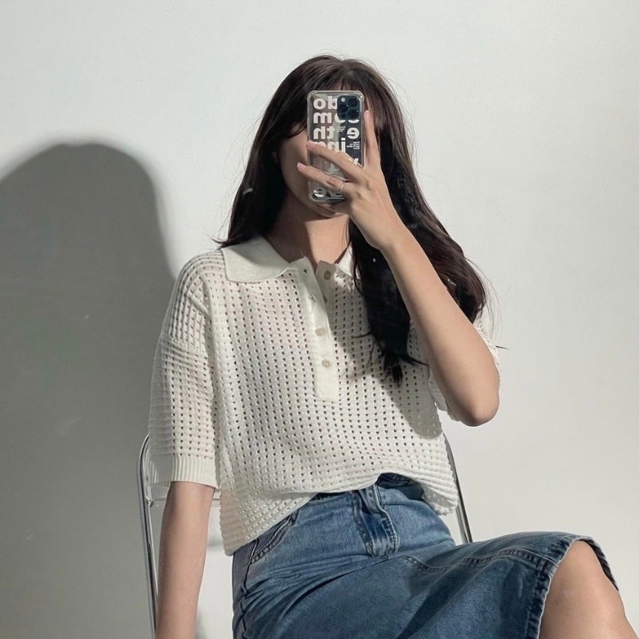 Áo Len Mongtoghi Tay Ngắn Cổ Polo Màu Kem Mai Anh Clothing