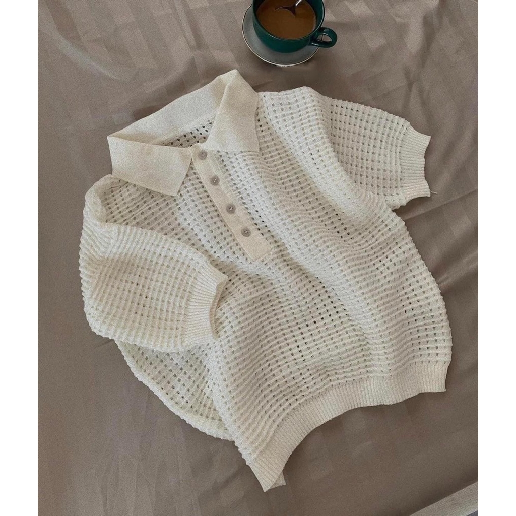 Áo Len Mongtoghi Tay Ngắn Cổ Polo Màu Kem Mai Anh Clothing