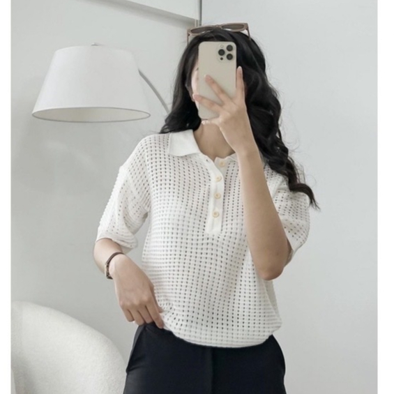Áo Len Mongtoghi Tay Ngắn Cổ Polo Màu Kem Mai Anh Clothing