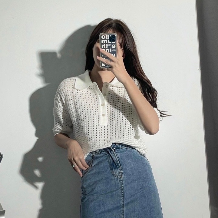 Áo Len Mongtoghi Tay Ngắn Cổ Polo Màu Kem Mai Anh Clothing