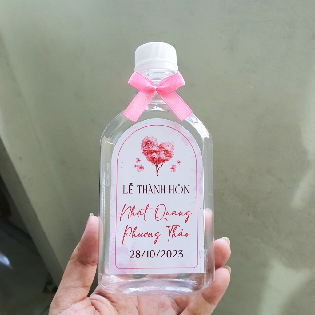 Tem dán nước suối chai bầu 330ml + nơ