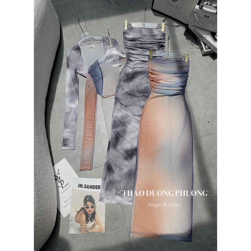 Set Váy Quây Cúp Ngực Ôm Body Tôn Dáng Kèm Áo Khoác Cardigan Hoạ Tiết Loang Lạ Mắt