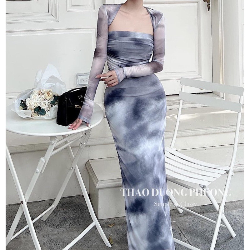 Set Váy Quây Cúp Ngực Ôm Body Tôn Dáng Kèm Áo Khoác Cardigan Hoạ Tiết Loang Lạ Mắt