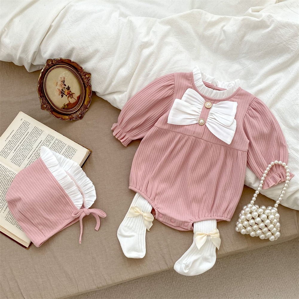 Bộ bodysuit dài tay kèm mũ và quần tất cho bé gái, Set nơ trắng áo liền quần cho bé từ 4-12kg.