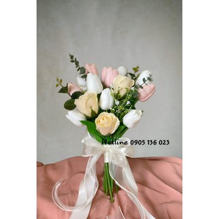 Hoa cầm tay cô dâu, hoa cưới cầm tay cô dâu hoa hồng sáp thơm và hoa cưới Tulip lụa, phụ kiện chụp hình cưới