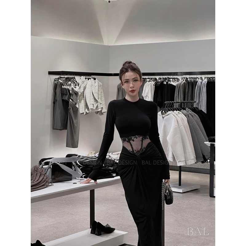 Váy Body Phối Lưới Chiết Eo Ôm Body Siêu Tôn Dáng