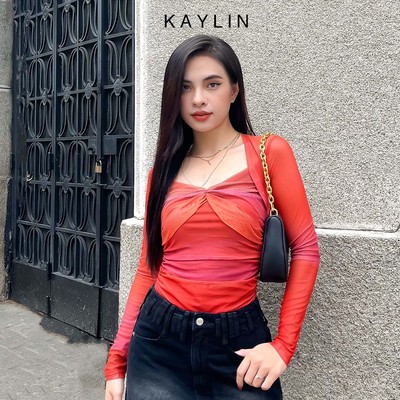 Áo thun KAYLIN tay dài chất lưới phối màu loang phong cách N2119