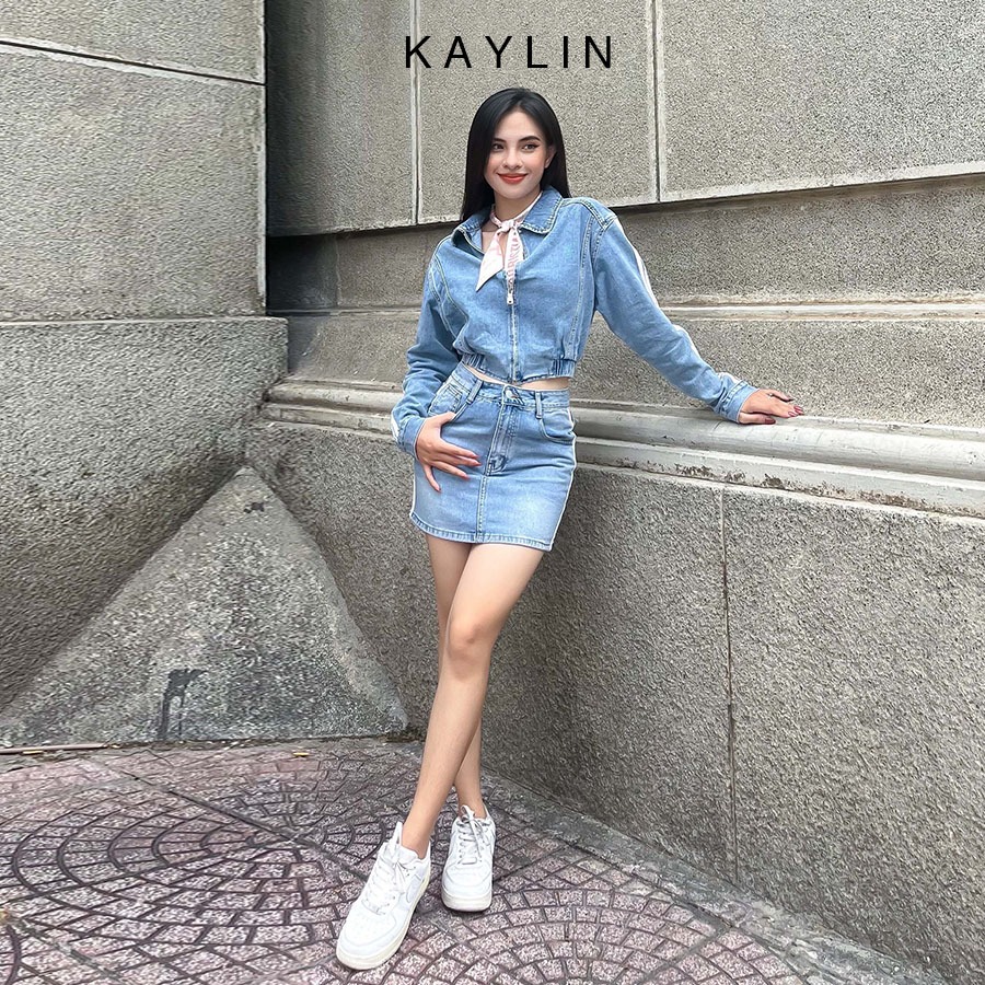 Set jean KAYLIN áo khoác phối chân váy chất denim mếm có viền kẻ sọc phong cách năng động cá tính N2125