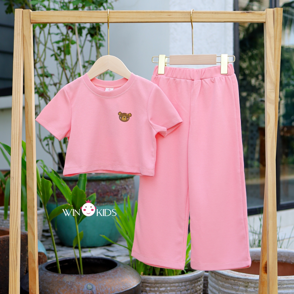 Set bé gái 13-41kg áo croptop quần ống rộng thun tổ ong đẹp Thời trang trẻ em WINKIDS
