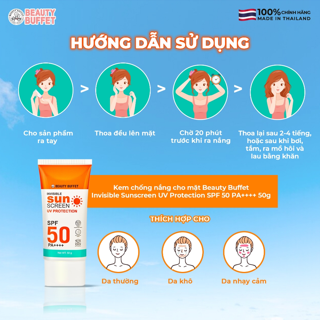 Kem chống nắng cho mặt Beauty Buffet Invisible Sunscreen UV Protection SPF 50 PA++++ 50g