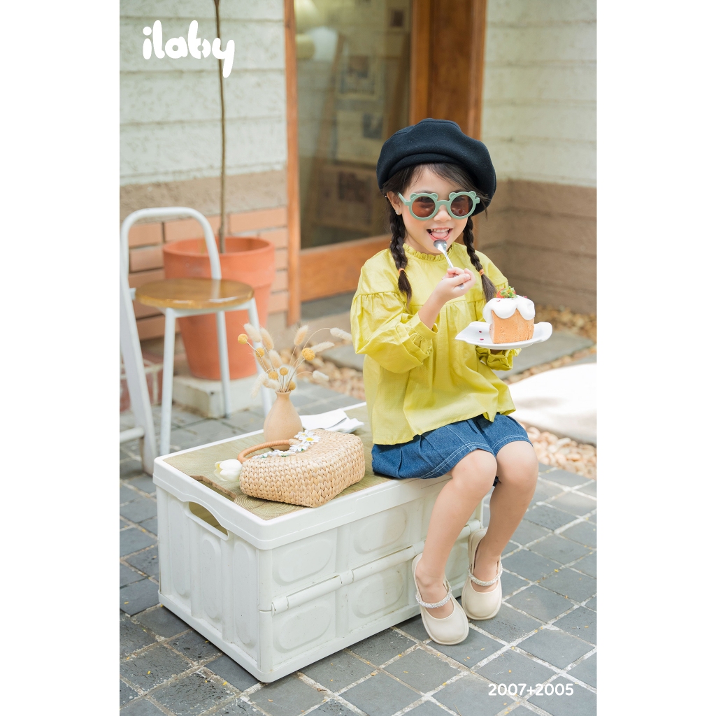 Áo cổ bèo bé gái ILABY tay bồng gập ly chất liệu voan tơ mềm mại cho bé 10-35kg