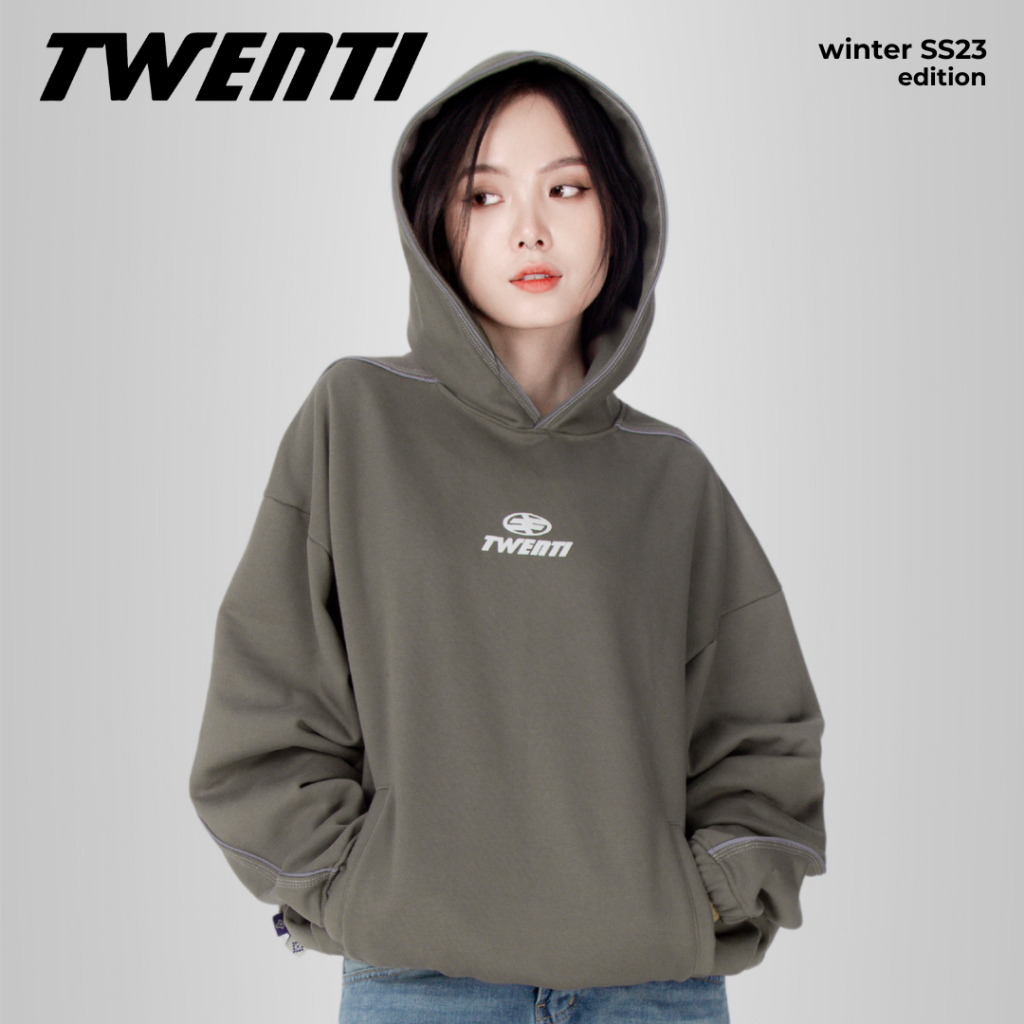 Áo Hoodie TWENTI Viền Phản Quang Nỉ Bông Dày Dặn In Logo Nổi