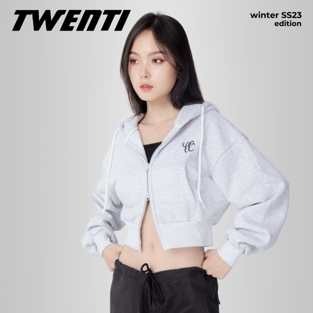 Áo Khoác Zip Croptop TWENTI Cánh Dơi Nỉ Bông Tôn Eo